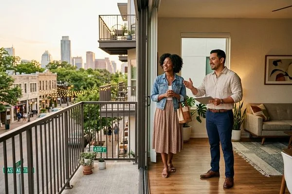 Renter touring an East Austin apartment with a TREC licensed locator