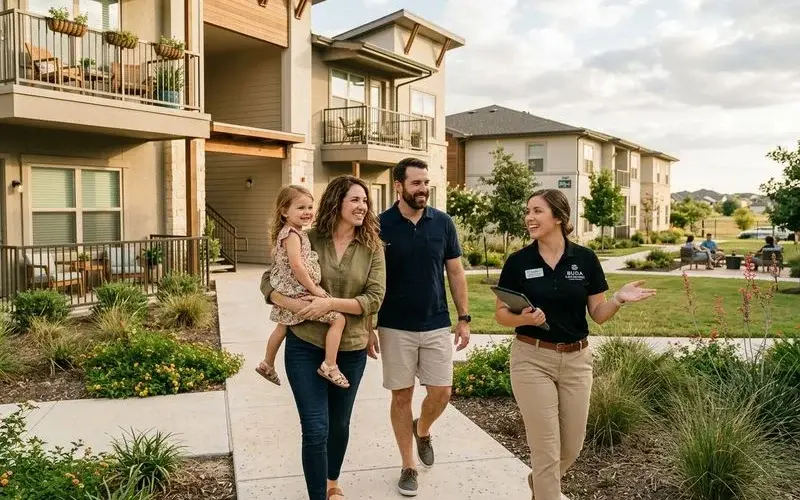 Renters touring a Buda apartment community
