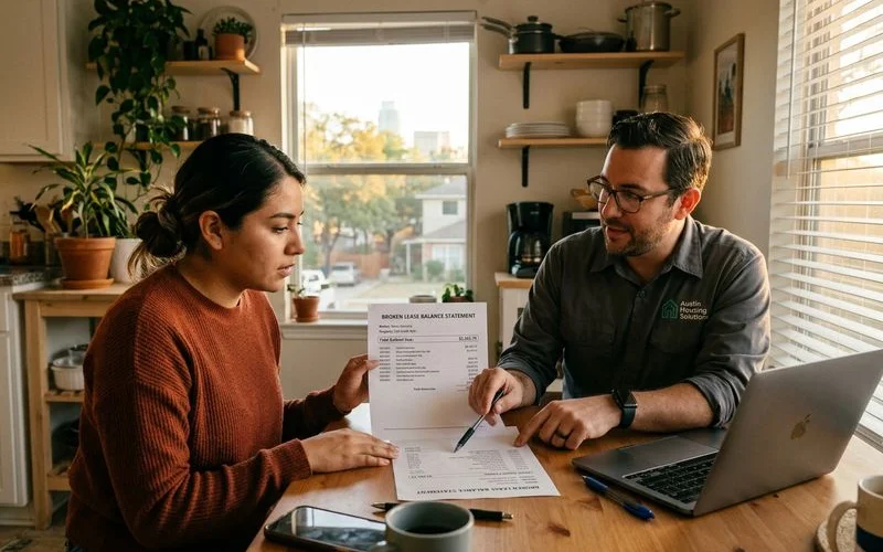 Renter reviewing a broken lease balance statement with a TREC licensed Austin locator