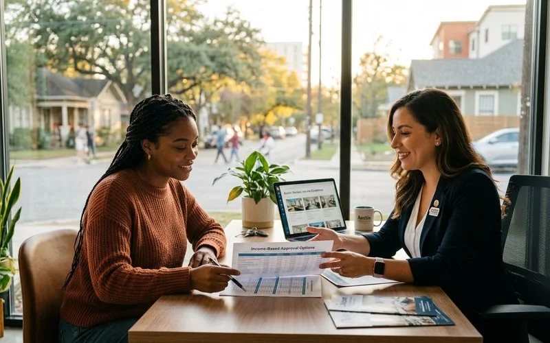 Renter reviewing flexible on credit apartment options at an Austin leasing office