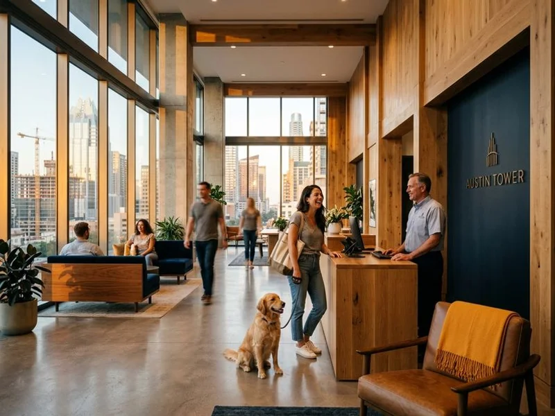 Downtown Austin high-rise apartment lobby with move-in ready leasing office