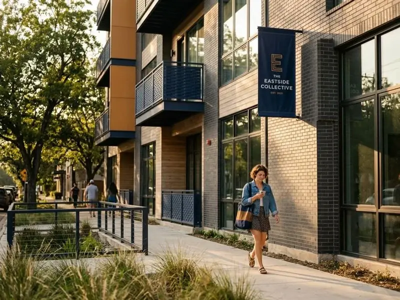 East Austin modern midrise apartment community with landscaped courtyard
