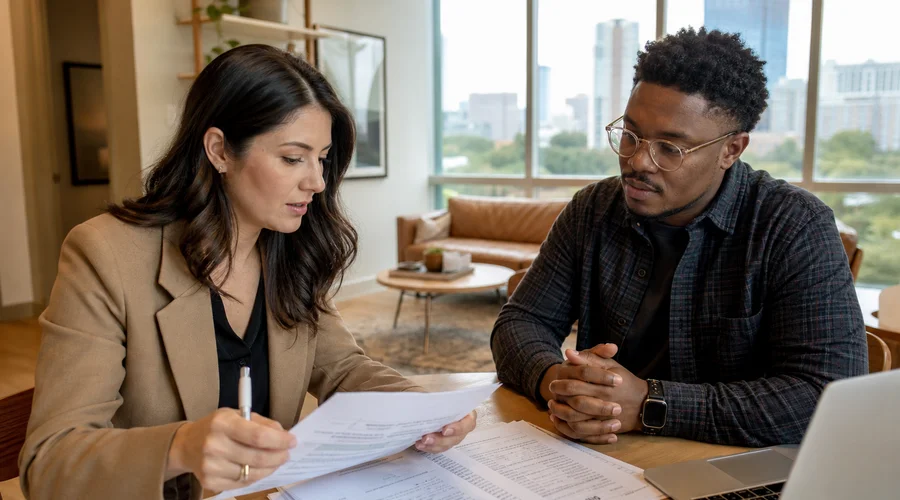 Austin Second Chance Apartments locator reviewing 1099 income documents and bank statements for self-employed renter approval